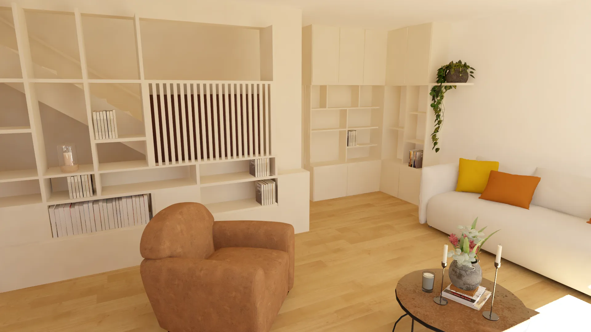 Bibliothèque sur mesure autour de l'escalier