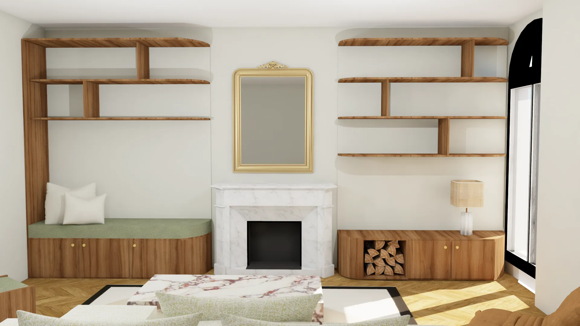 Le séjour avec bibliothèques et banquette sur mesure